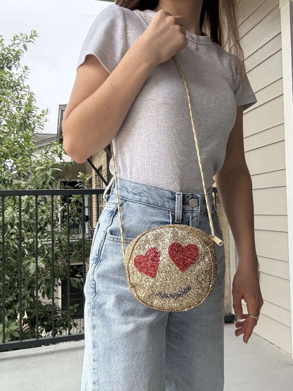 RARE J. Crew Crewcuts Gold Glitter Heart Eyes Emoji Crossbody Purse